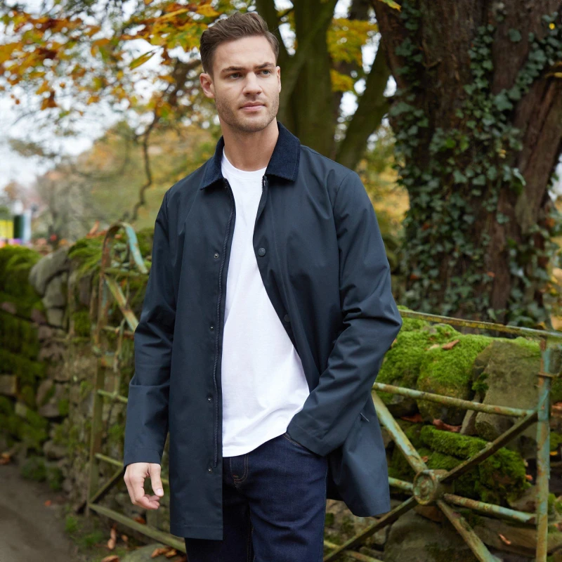 Image of Threadbare Showerproof Longline Corduroy Collar Mac Navy