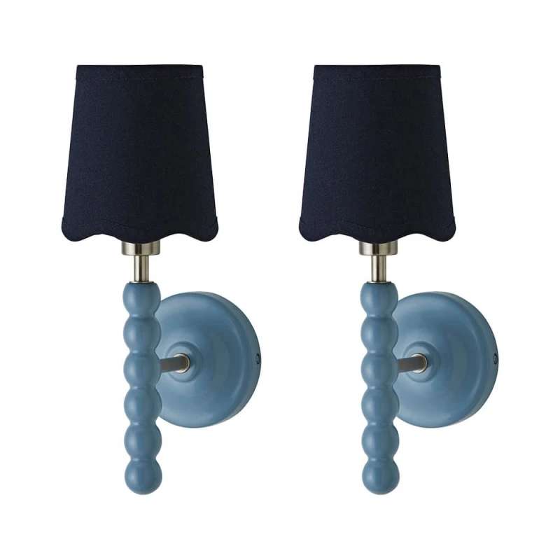 Image of ValueLights Bobbins Pair of Blue Wall Lights & Navy Blue Linen Trim Lamp Shades in Pale Blue Pale Blue Unisex