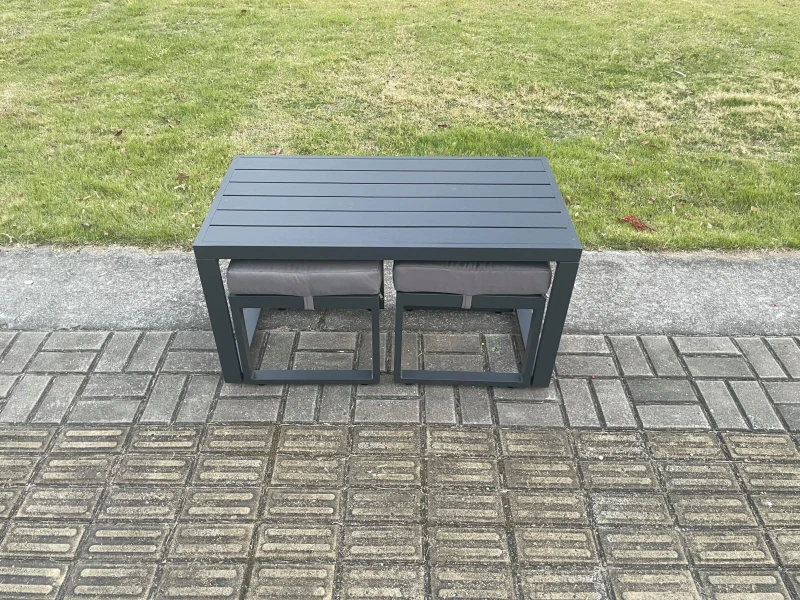 Image of Fimous Outdoor Garden Rectangular Coffee table Aluminium Patio Tea Table with 2 Small Footstool for Balcony, Terrace, Swimming Pool Dark Grey Dark Gre