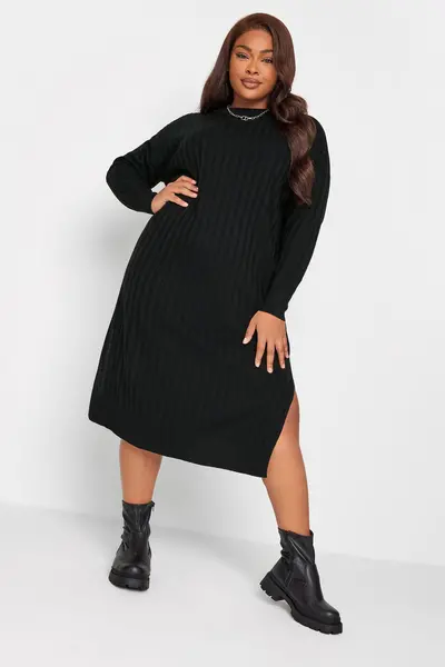 image of Yours Ribbed Midi Jumper Dress Black