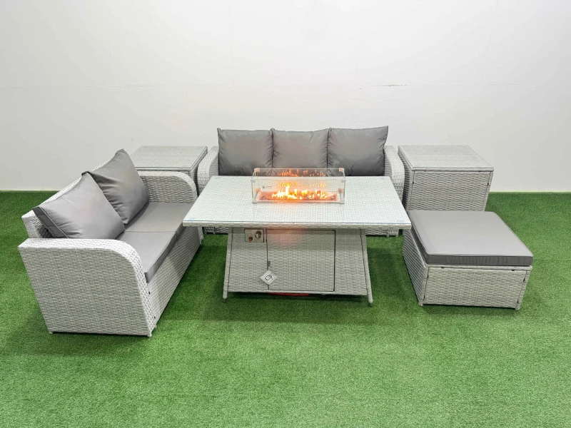 Image of Fimous 6 Seater PE Rattan Wicker Garden Furniture Patio Conservatory Sofa Set with Firepit Dining Table 3 Seater Sofa Love Sofa Big Footstool 2 Side T