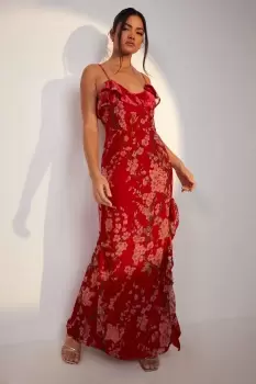 Image of Floral Strappy Frill Detail Maxi Dress