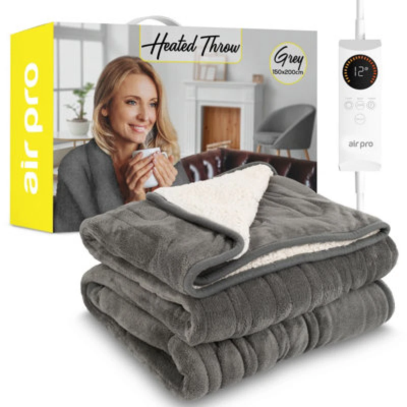 Image of Air Pro Heated Throw - Electric Blanket - Digital Controller - Timer Up To 9 Hours, 6 Settings Double 150X200Cm - Grey Shearling