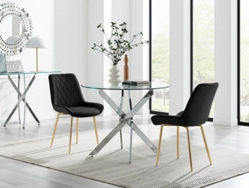 Image of FurnitureboxUK FurnitureboxUK Novara 100cm Round Dining Table and 2 Pesaro Gold Leg Chairs in Black One Size Unisex 5061064381073
