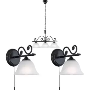 Image of Ceiling Pendant & 2x Matching Wall Lights Black & Alabaster Glass Multi Lamp