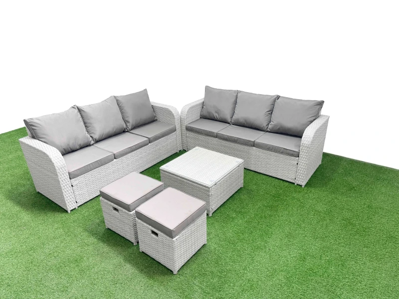 Image of Fimous Outdoor Garden Furniture Sets 8 Seater Wicker Rattan Furniture Sofa Sets with Square Coffee Table high Back Lounge Sofa Stools Light Grey Light