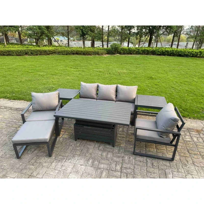 Image of Fimous Aluminum 7 Piece 6-Seater Sofa Set with Lifting Table, 2 Chairs in Dark Grey Dark Grey Unisex