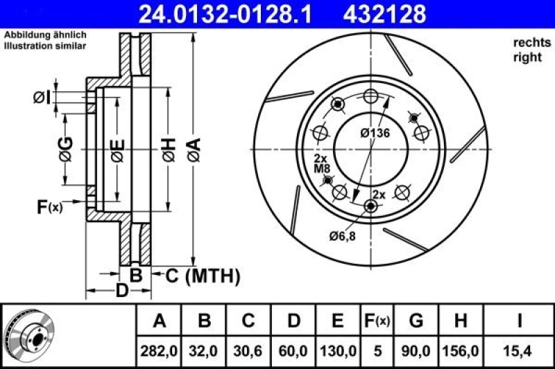 Image of ATE 24.0132-0128.1 Brake disc slotted/internally vented, Coated, Alloyed/High-carbon Brake Disc (82)