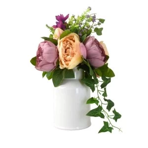 Image of Faux Dusky Peonies and Blooms in White Ceramic Vase