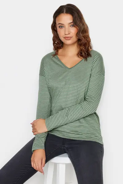 Long Tall Sally Tall Stripe V-Neck Cotton T-Shirt Green