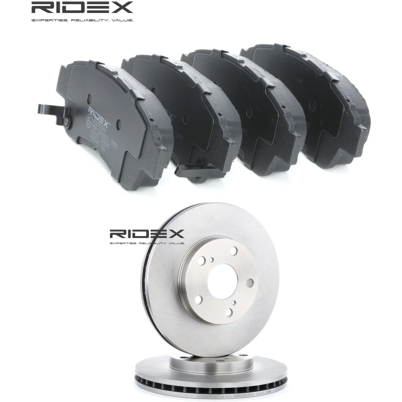 Image of RIDEX 3405B2901 Brake disc and pads set Front Axle, Brake Disc Type: internally vented, with acoustic wear warning Brake Set,disc brakes (3405)