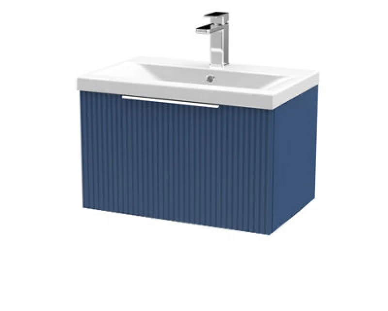 Image of Hudson Reed Fluted Satin Blue 600mm Wall Hung Single Drawer Vanity Unit With Basin-Satin Blue
