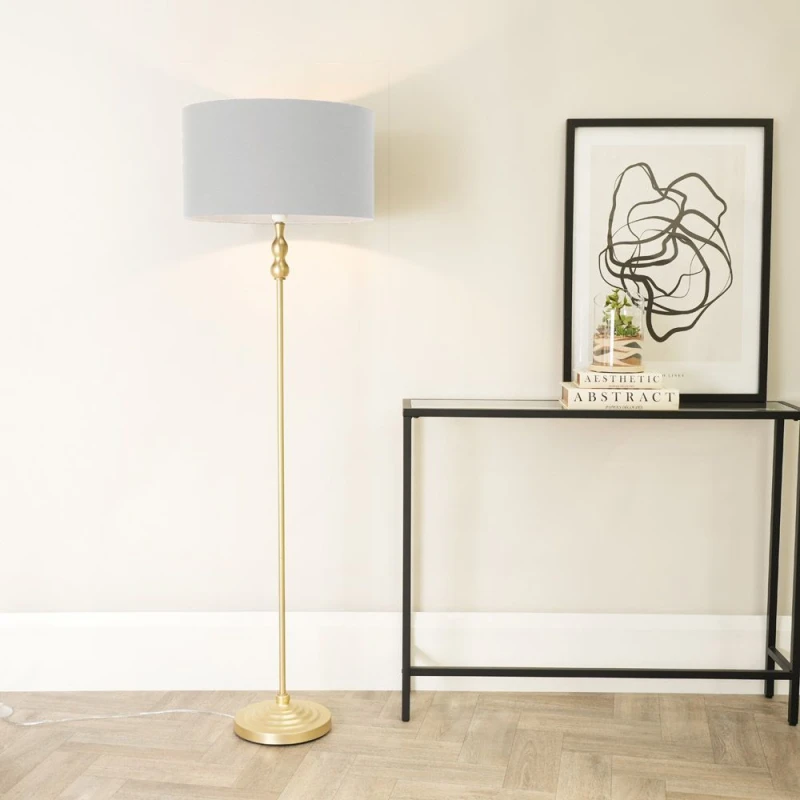 Image of ValueLights Maggie Gold Metal Candlestick Floor Lamp with Fabric Lamp Shade Grey
