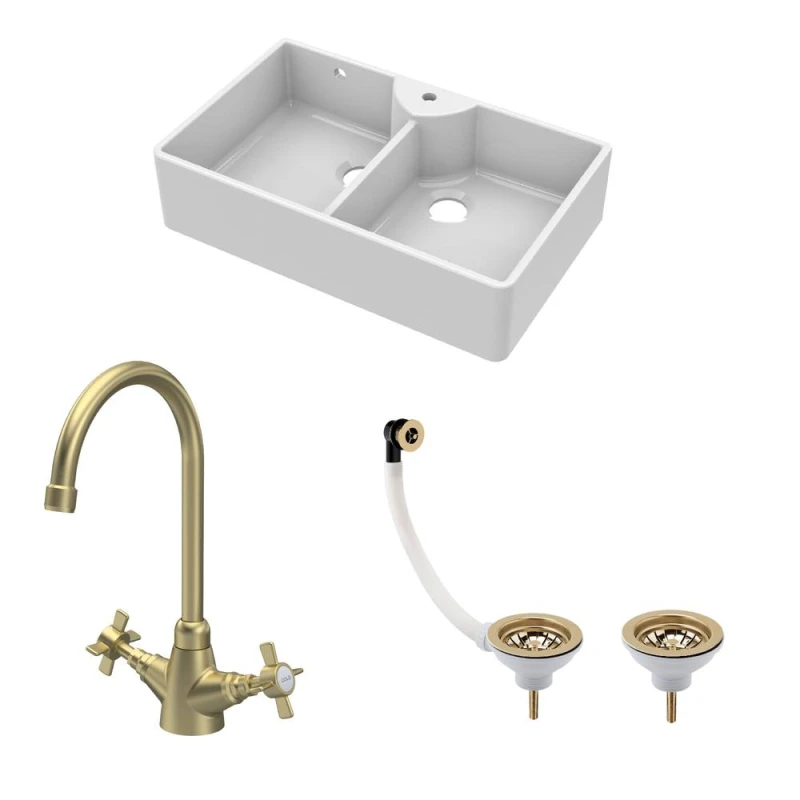 Image of Balterley Fireclay 2 Bowl 1 Tap Hole Butler Sink Tap Hole Wastes Tap 895mm White unisex