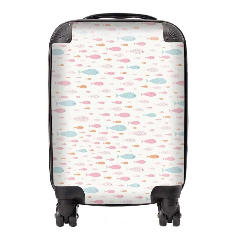 Image of Warren Reed - Designer Hand Drawn Swimming Fish Suitcase in Pink Size: Small Pink Unisex Small