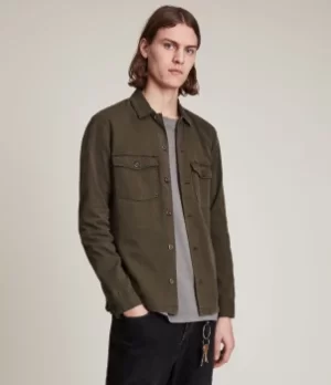 Image of AllSaints Mens Cotton Slim Fit Long Sleeve Spotter Shirt, Green, Size: M