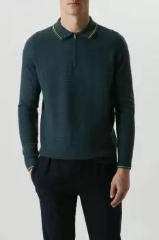Image of Mens Super Soft Steel Blue Tipped Texture Knitted Zip Polo Shirt