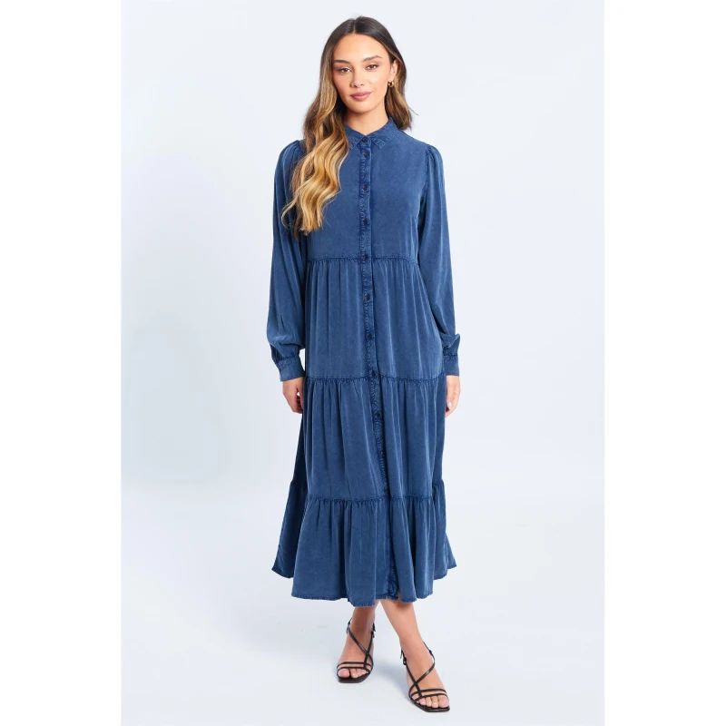 Image of Be You Tiered Denim Midi Dress - Blue Blue 8