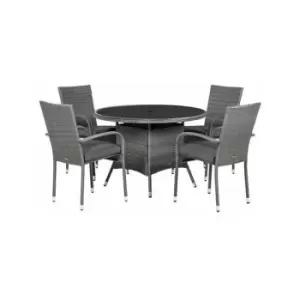 image of A-mir - MALAGA 4 Seater Stacking Dining Set 110cm Round Table with Black Glass Top, 4 Stacking Chairs including Cushions