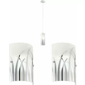 Image of Ceiling Pendant Light & 2x Matching Wall Lights Chrome White Patern Glass Shade