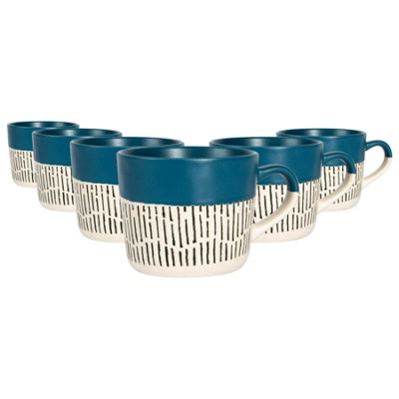 Image of Nicola Spring Ceramic Dipped Dash Coffee Mugs - 475Ml - Blue - Pack Of 6