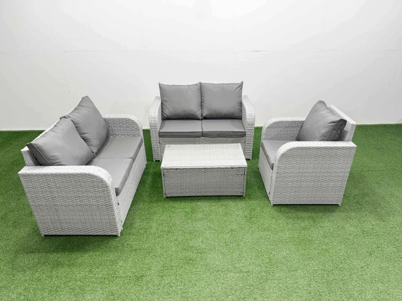 Image of Fimous High Back Poly Rattan Garden Furniture Set with Reclining Chair Loveseat Sofa Rectangular Coffee Table Indoor Outdoor Patio Set Light Grey Lig