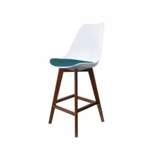 image of Fusion Living Soho Plastic Bar Stool With Dark Wood Legs White & Petrol