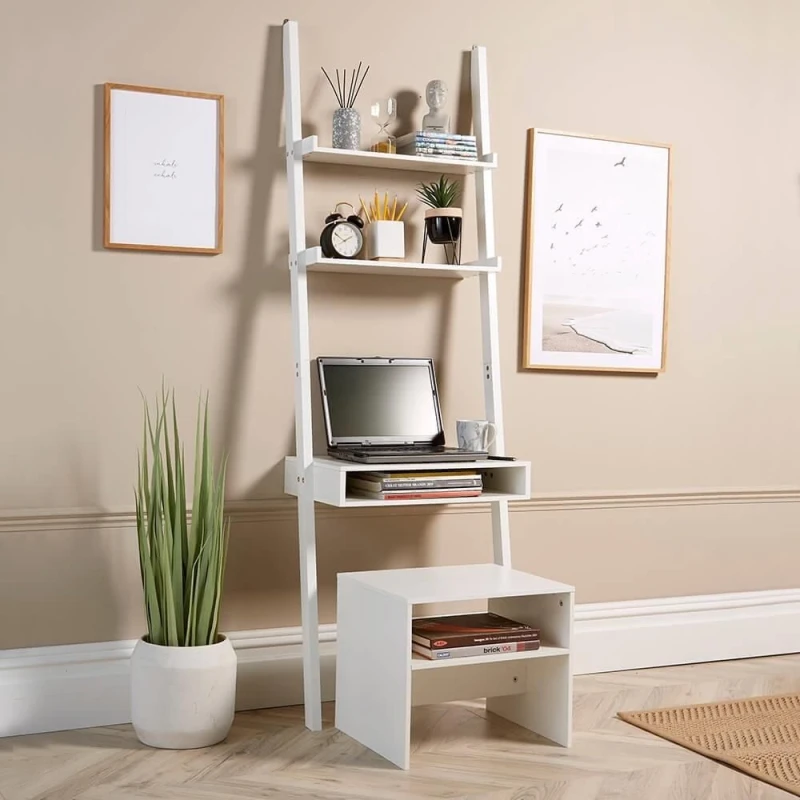 Image of Home Source Ladder Shelf Laptop Office Desk And Stool Set White