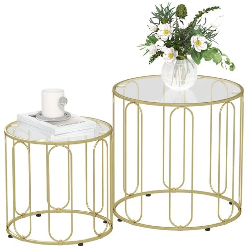 Image of HOMCOM Coffee Table Set of 2, Nest of Tables with Metal Frame, Gold Tone Gold
