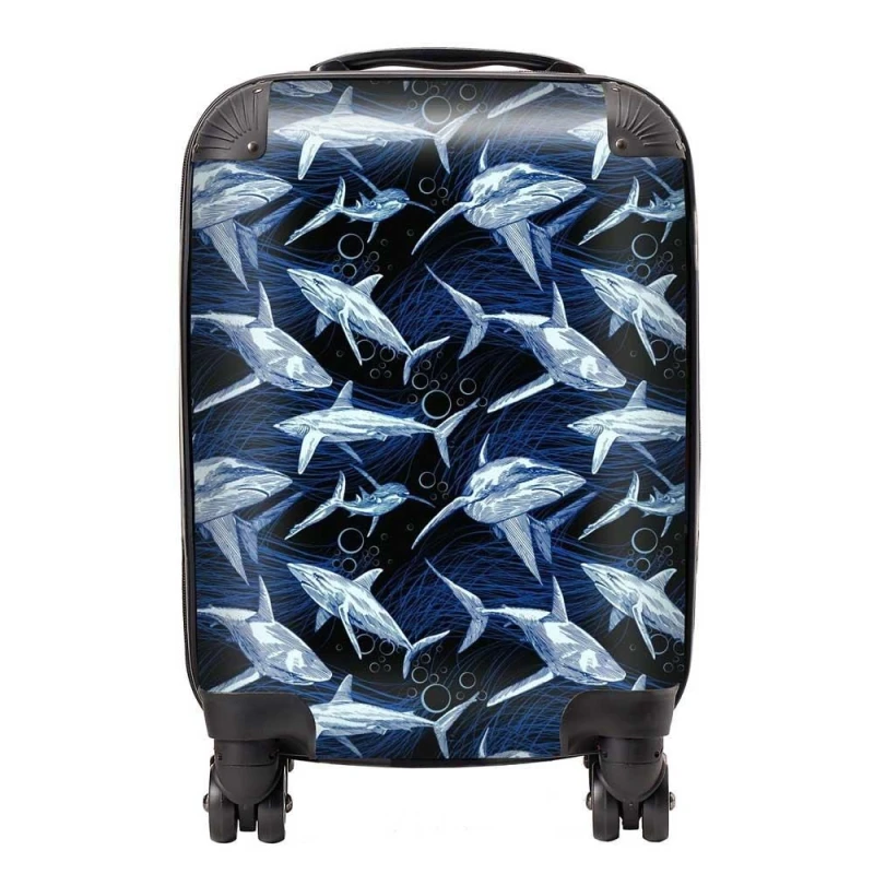 Image of Warren Reed - Designer Hand Drawn Shark Pattern Suitcase in Blue Size: Large Blue Unisex Large