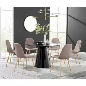 Image of Furniture Box Palma Black Semi Gloss Round Dining Table and 6 Cappuccino Corona Gold Leg Chairs