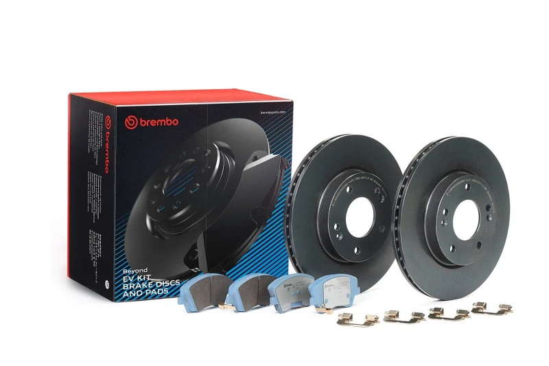 Image of BREMBO KT 08 013 Brake disc and pads set BEYOND LINE - EV Brake Disc Type: internally vented, with acoustic wear warning, with anti-squeak plate Brak