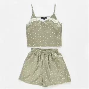 image of Missguided Heart Print Satin Crop Top and Shorts Pyjama Set - Green