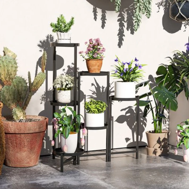 Image of Outsunny 3 Tier Foldable Corner Plant Stand for Indoor Outdoor, Black Black
