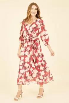 Image of Red Blossom Wrap Midi Dress With 3/4 Sleeves