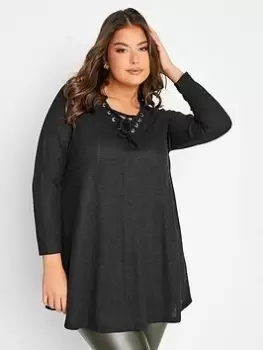 Image of Yours Lace Up Detail Top, Black, Size 18, Women
