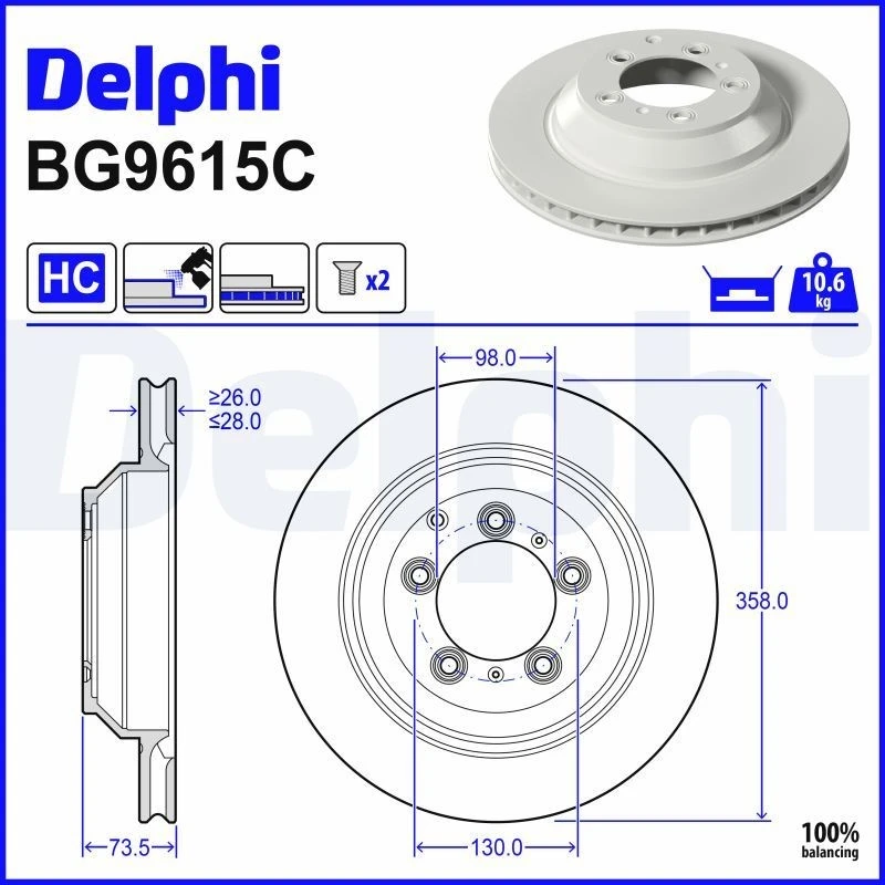 Image of DELPHI Brake disc DELPHI BG9615C