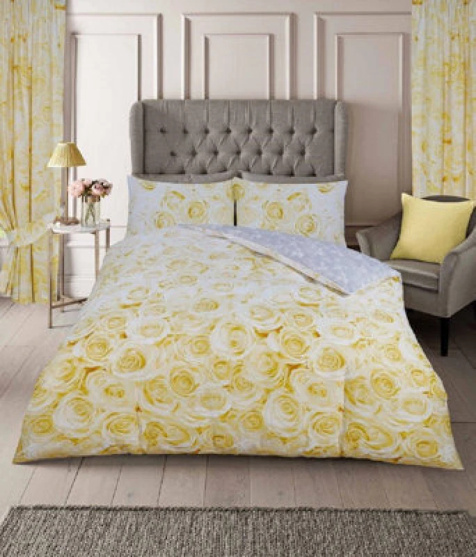 Image of Smart Living Smart Living Printed Polycotton Bellerose Duvet Cover With Pillowcases in Gold Size: Single Gold Single Unisex 5051346582823