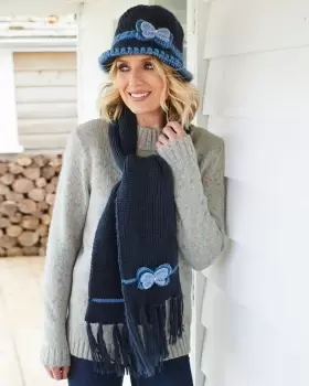 image of Cotton Traders Womens Knitted Butterfly Hat and Scarf Set in Blue