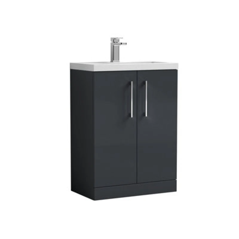 Image of Nuie Hudson Reed Arno Compact Floor Standing 2 Door Vanity Unit With Ceramic Basin, Durable Modern Vanity Unit In Soft Black, 600mm