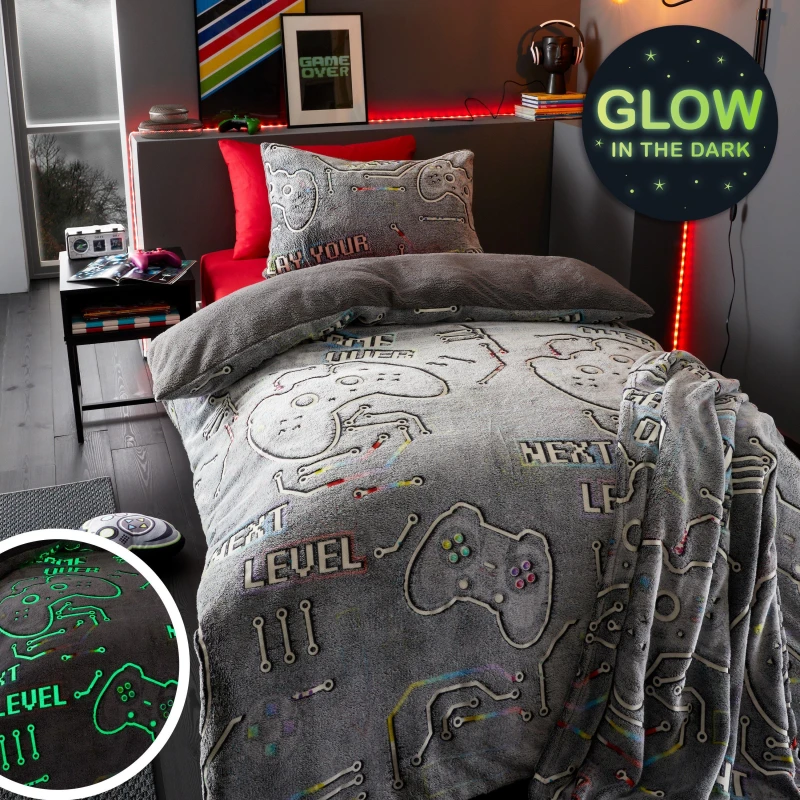 Image of Catherine Lansfield Game Over Fleece Duvet Cover and Pillowcase Set Black