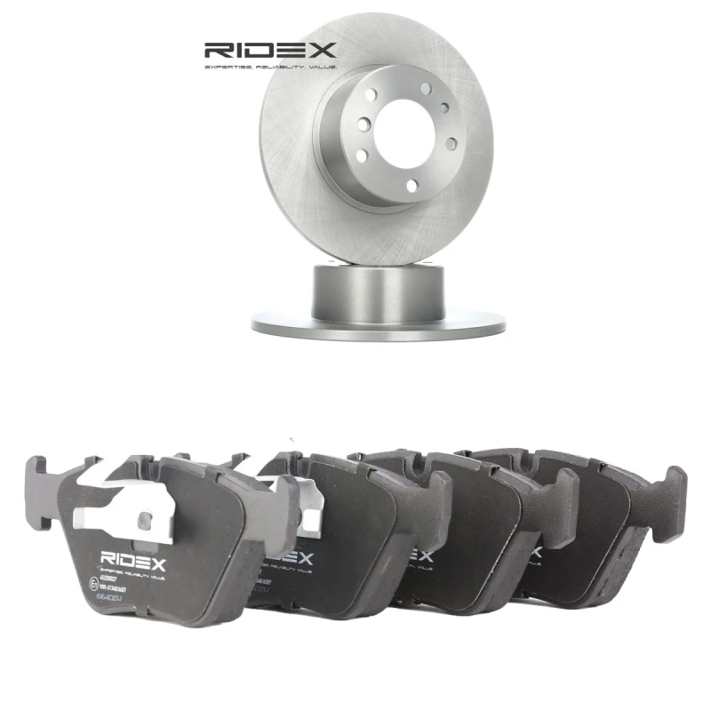 Image of RIDEX 3405B2760 Brake disc and pads set Front Axle, Brake Disc Type: Solid, excl. wear warning contact Brake Set,disc brakes (3405)