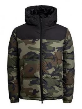 Image of Jack & Jones Junior Boys Camo Print Hooded Padded Coat - Camouflage, Camo, Size Age: 8 Years