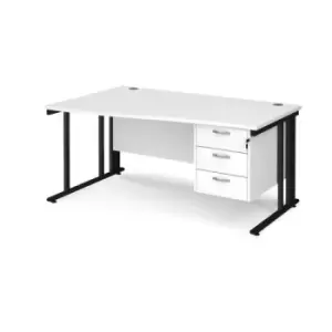 image of Office Desk Left Hand Wave Desk 1600mm With Pedestal White Top With Black Frame Maestro 25 MCM16WLP3KWH