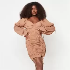 image of Missguided Petite Mesh Ruched Puff Sleeve Mini Dress - Brown