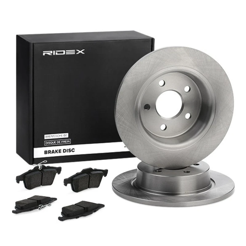 Image of RIDEX 3405B0399 Brake disc and pads set Rear Axle, Brake Disc Type: Solid, excl. wear warning contact Brake Set,disc brakes (3405)