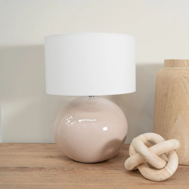 Image of ValueLights Bosco Natural Stone Globe Ceramic Table Lamp with Fabric Lamp Shade and LED Bulb White