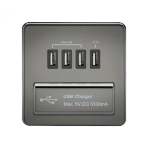 image of KnightsBridge 1G Screwless Black Nickel Quad USB 5V Charger Outlet - Black Insert