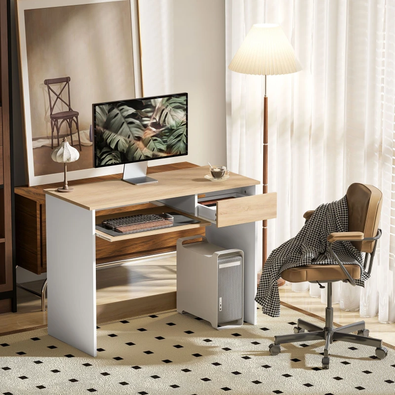 Image of HOMCOM HOMCOM Compact Computer Table with Keyboard Tray and Drawer, Writing Desk in Light Oak Light Oak One Size Unisex 5063603021716