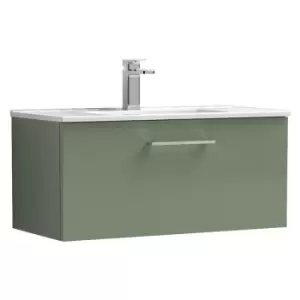 image of Arno Satin Green 800mm Wall Hung Single Drawer Vanity Unit with 18mm Profile Basin - ARN825B - Satin Green - Nuie